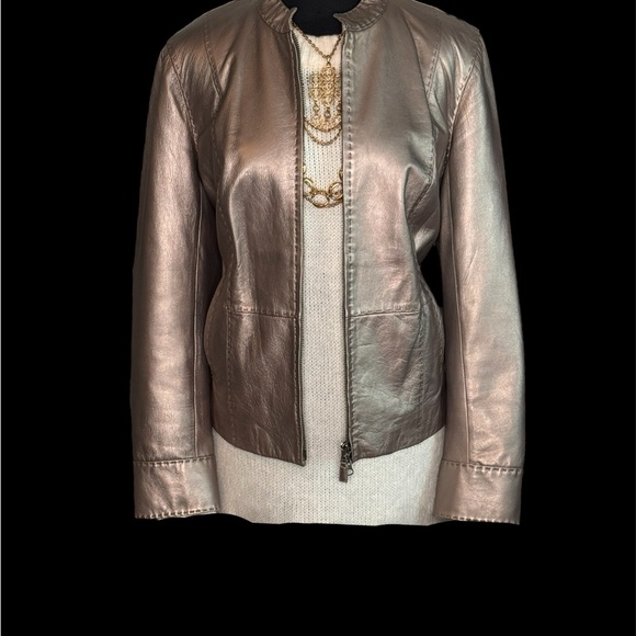 Sigrid Olsen Size L Buttery Soft Lamb Leather Jacket Metalic Champagne Gold Zip - Picture 2 of 11